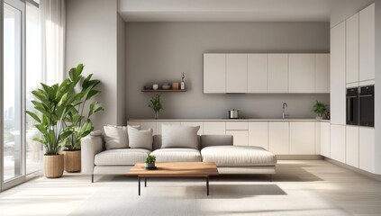 Modern apartment kitchen living area with sofa, plants, and city view