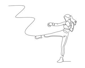 Continuous line drawing of a woman performing a front kick in a martial arts stance. Minimalist vector art ideal for fitness, kickboxing, and combat sport design themes.