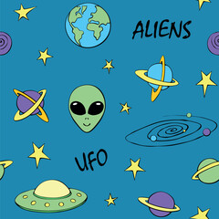 Vector color seamless childish pattern with cute aliens, planets, stars, Flying Saucers, UFO. Funny color background, texture for kids design, wrapping, wallpaper, textile, apparel