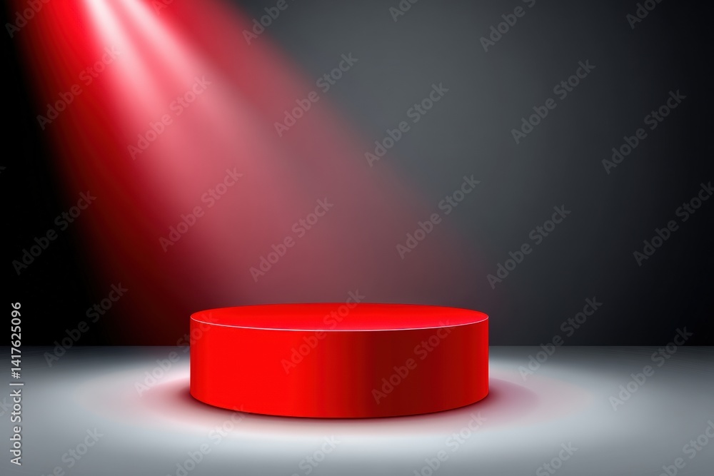 Poster a red circular platform illuminated by a spotlight against a dark background, creating a dramatic an