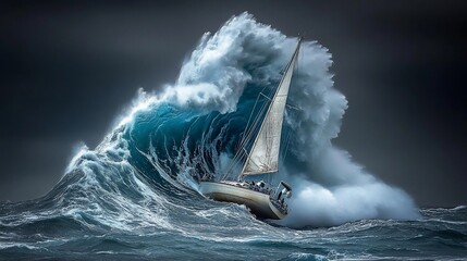 Sailboat Battling Gigantic Wave at Sea