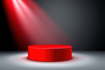 A red circular platform illuminated by a spotlight against a dark background, creating a dramatic and striking visual effect.