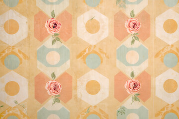 Close-up of faded antique-style wallpaper with floral art nouveau designs in warm pastel tones. Subtle textures and curved lines offer a romantic, nostalgic feel