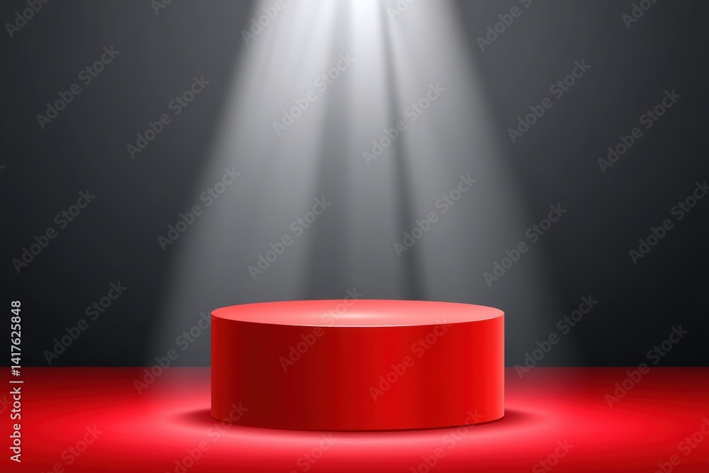 Poster a circular red platform illuminated by beams of light against a dark background, creating a dramatic