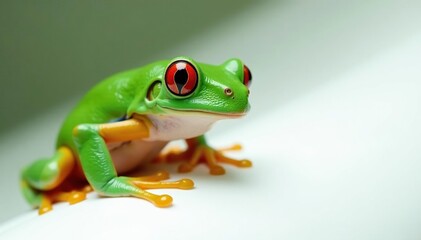 Naklejka premium Green tree frog perched on white, vibrant skin, clean, exotic, macro