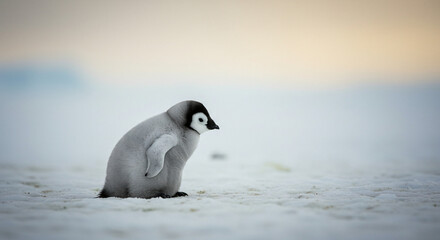 Fototapeta premium Penguin Chick Standing on Snow in Cold Environment