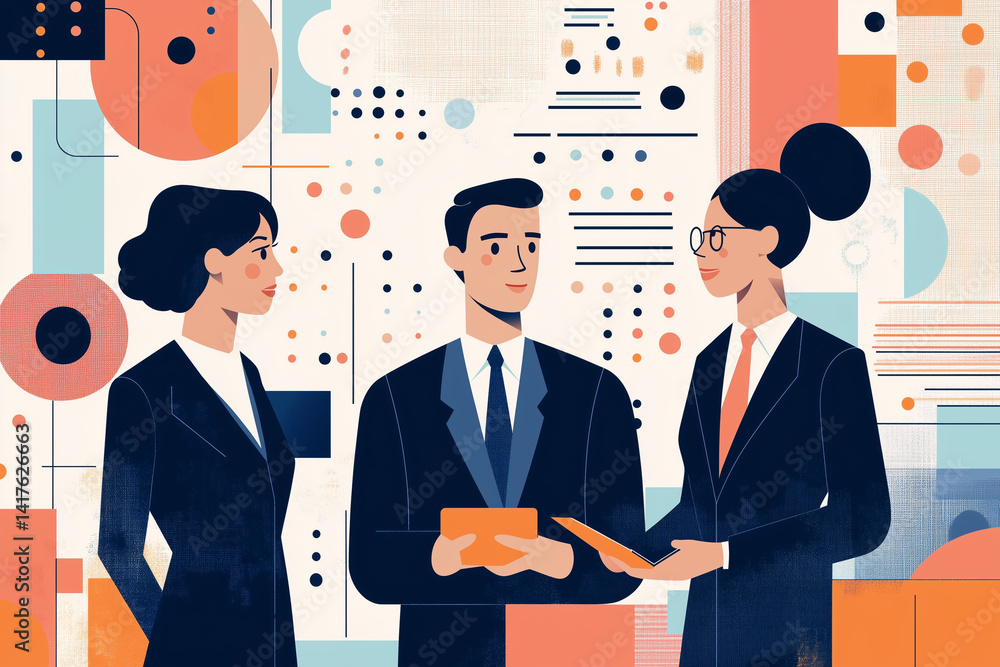 Poster professional business meeting with three individuals discussing ideas in modern office setting. vibr