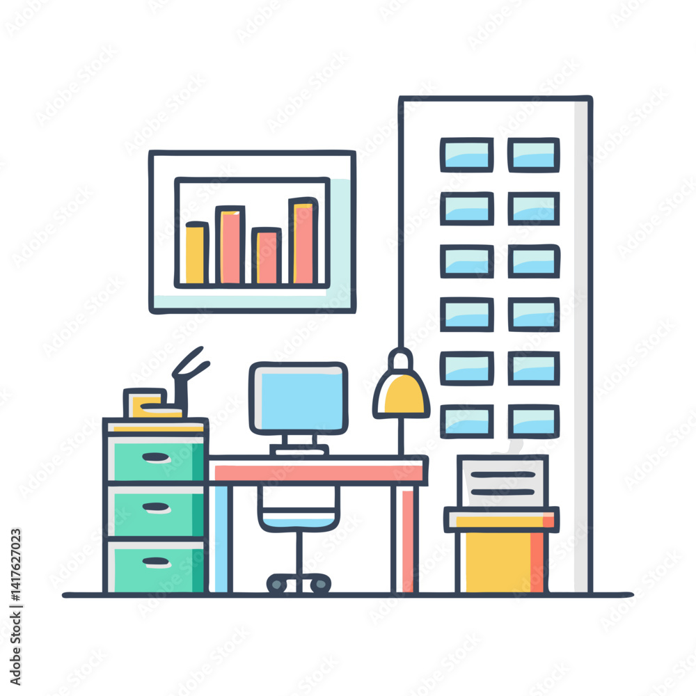 Poster office interior scene with desk, building, chart and several objects