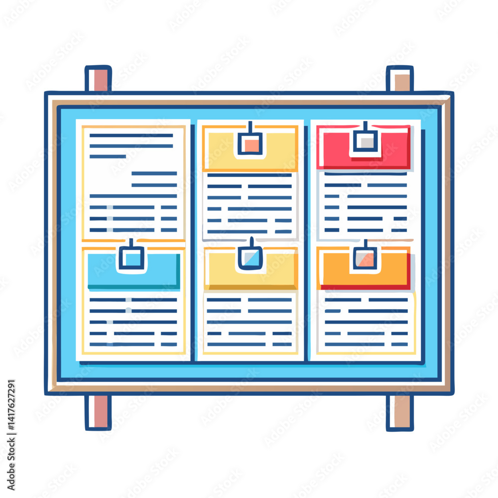 Poster cartoon bulletin board displaying colorful documents with different content formats