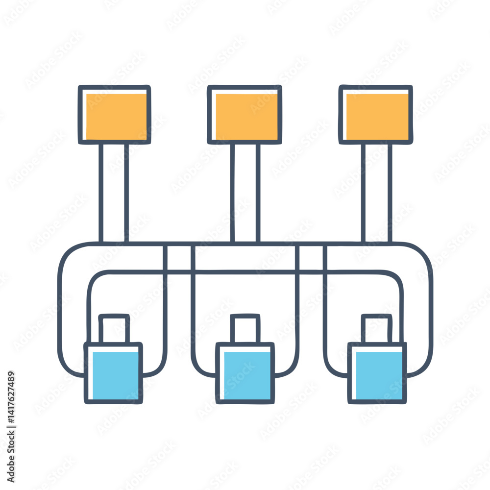 Poster abstract diagram showing connection between three orange and three blue squares