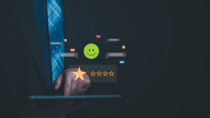 Customer Centric Digital Experience Man In Suit Reviews Customer Feedback On Tablet, Showcasing Satisfaction Through Star Rating, Happy Face Emoji, Social Media Reactions, And Email Integration
