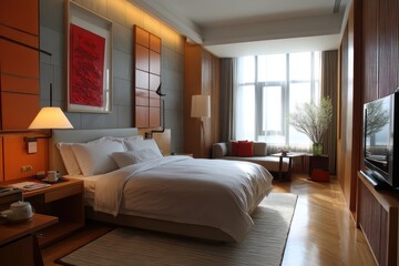Modern bedroom with wooden bed frame and orange accent wall featuring bedside lamp and large window