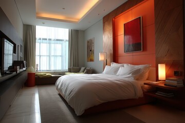 Modern bedroom with wooden bed frame and orange accent wall featuring bedside lamp and large window