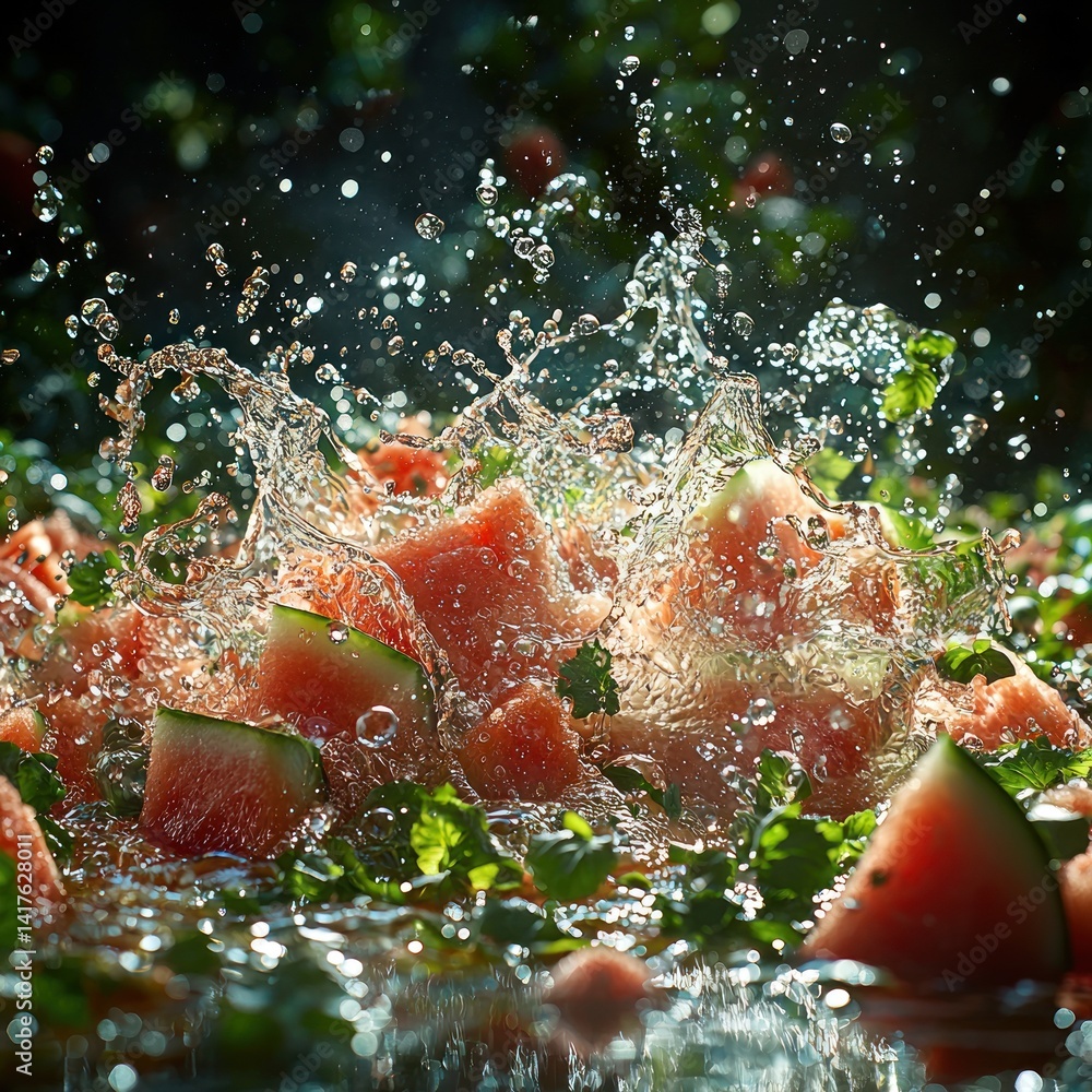 Poster refreshing watermelon chunks with vigorous splash in bright sunlight display