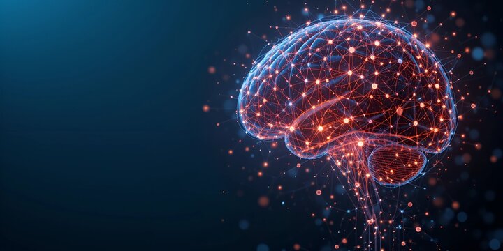 AI - Artificial intelligence. Ai digital brain. Robotics concept. Abstract human brain composed of interconnected glowing data points, futuristic and clean look, placed on the left with empty space on