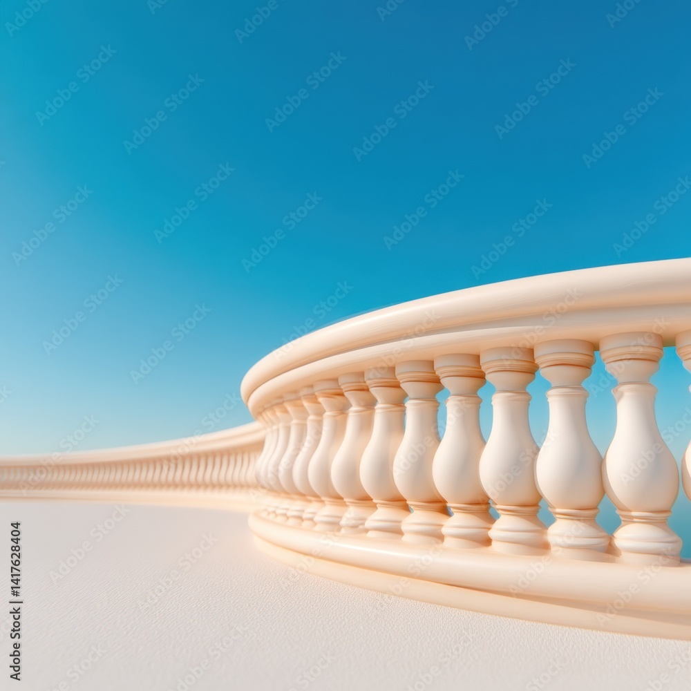 Poster a serene view of elegant white balusters against a clear blue sky, creating a sense of depth and tra