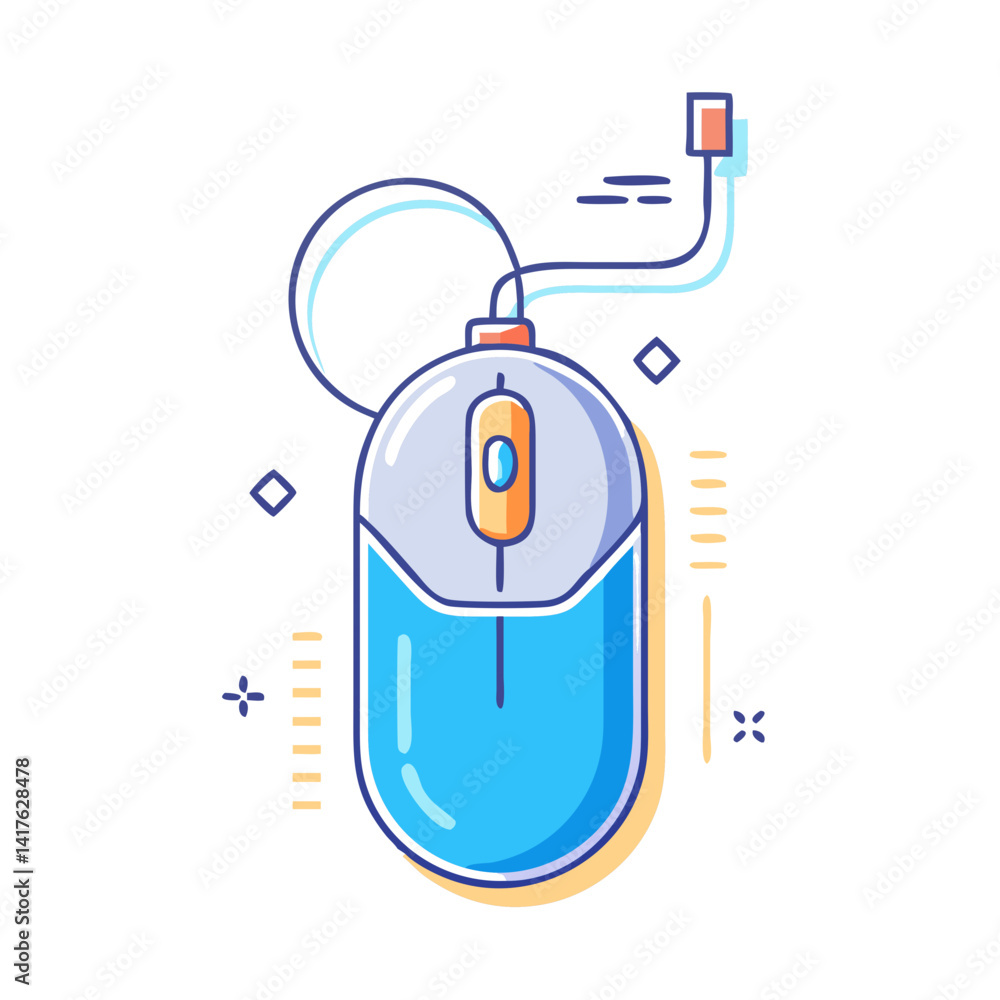 Poster vector illustration of a computer mouse with cord and simple shapes