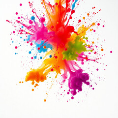 Vibrant cinematic photo of multicolor ink dots suspended mid-air, exploding on white canvas 