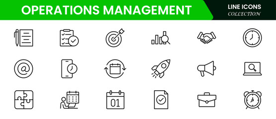 Operations management icon set. Containing production, logistics, supply chain, manufacturing, planning, inventory management, strategy, customer satisfaction, and cost icons