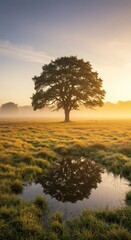 Obraz premium Solitary Oak Tree in Misty Sunrise: Serene Landscape Photography