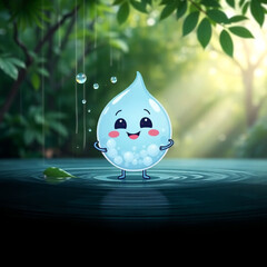 Cheerful cartoon water droplet with bubbly patterns joyfully stands in a forest, enjoying raindrops falling around it