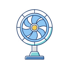 Blue and white standing fan with a circular rotating section design