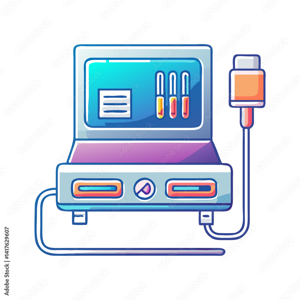 Poster stylized medical analysis device with connected probe and display screen
