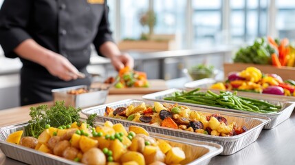 A chef prepares a colorful array of fresh vegetables and potatoes in a modern kitchen, highlighting culinary skill and vibrant ingredients.
