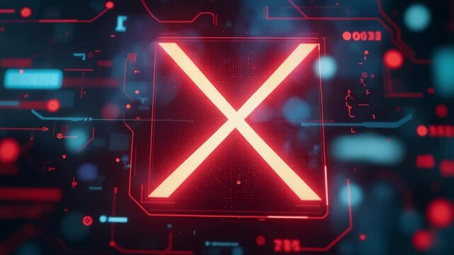 A X symbol appears in red light on a transparent HUD interface.
It flickers once before stabilizing