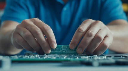 Computer technician carefully installing a ram memory module onto a motherboard, performing hardware maintenance or upgrade in an electronics laboratory