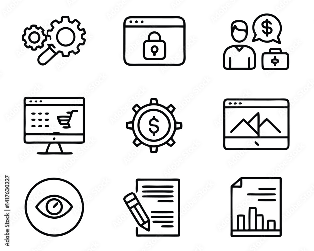Aufkleber abstract icons showcase business and finance concepts in a linear design