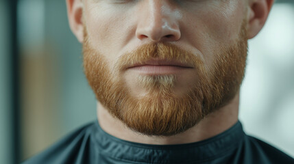 Obraz premium Close up of professional barber sporting neatly trimmed ginger beard and mustache, highlighting precise grooming skills and clean barbershop styling