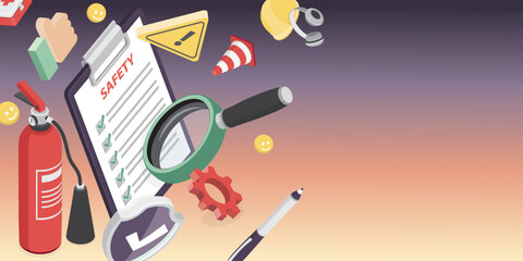 Occupational safety regulations background for blogs, banners, webpage. Caution regulation document for trauma prevention. 3d isometric flat illustration.