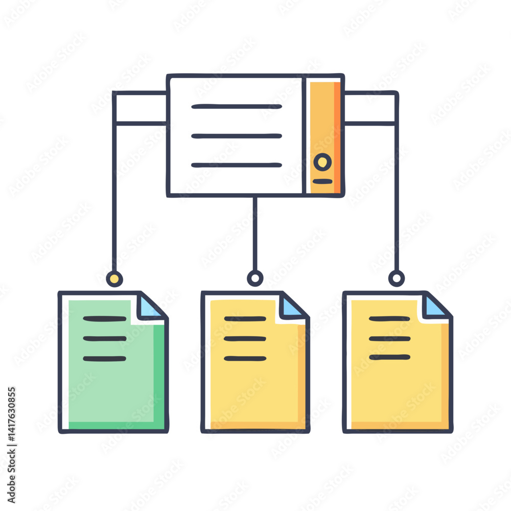 Poster data management flowchart showing central hub with multiple outputs and documents