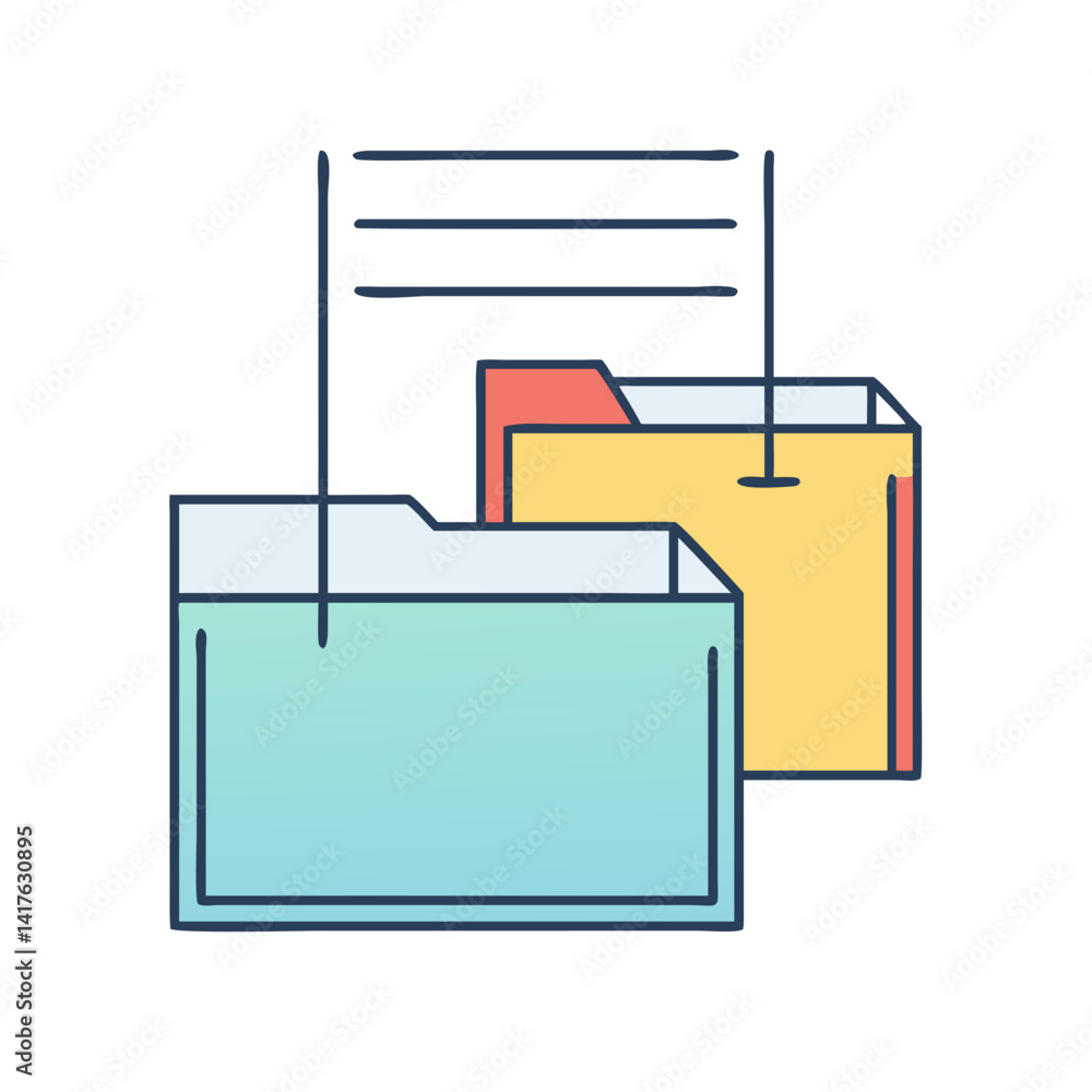 Poster stylized file storage illustration depicting open folder and document management system