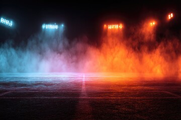Empty stadium lit by vibrant lights