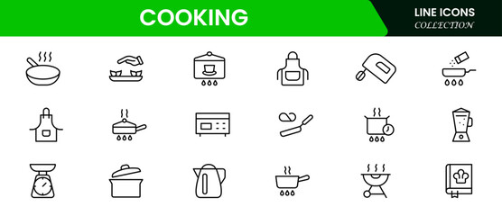 Cooking Icons vector illustration with thin line contains recipe, chef, ingredients, pan, oven, utensils, olive oil, cook, barbecue, eat, restaurant, flour, milk, butter, pour, pot Vector illustration