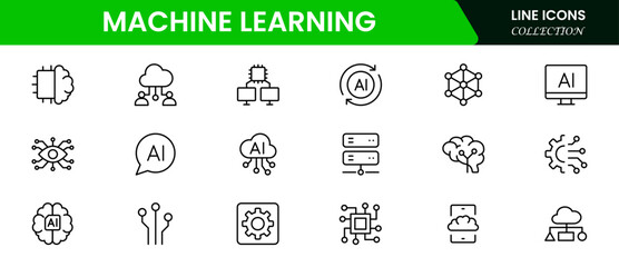 Artificial intelligence set of web icons inline style. AI technology icons for web and mobile apps. Machine learning, digital AI technology, algorithm, smart robotics, cloud computing network