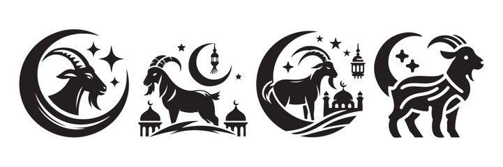 Eid ul adha goat logo black simple flat icon set vector illustration with Crescent Moon and Lanterns.