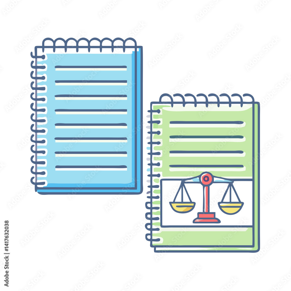 Poster justice system depicted on a notebook with another open blank notebook