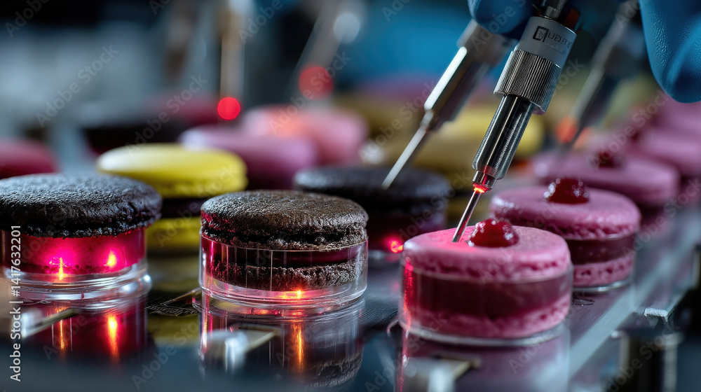 Aufkleber macarons being tested with advanced ai driven lab equipment for texture and flavor analysis. scene s