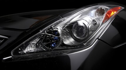 A close up shot of a broken headlight assembly after a low-speed collision - insurance end damage repair
