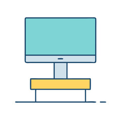 Stylized home office computer setup on a desk with blue outlines