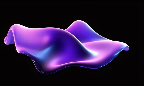 3D render, abstract fluid shape background with a purple and blue gradient color, wavy lines, and a glowing light effect on a black isolated background.