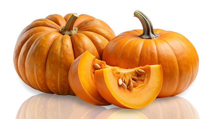 Obraz premium Two whole pumpkins and two slices with seeds presented on shiny surface with transparent shadow and transparent reflection on transparent background PNG