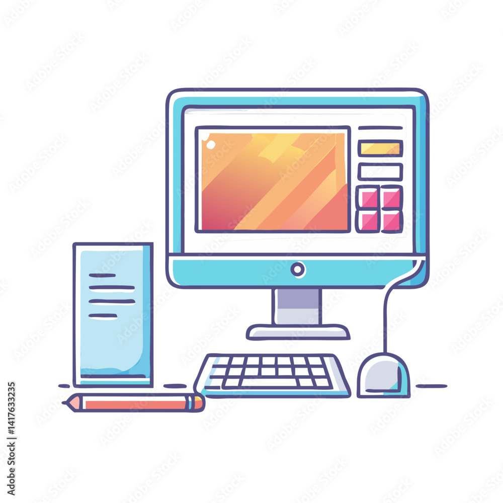 Poster stylized cartoon desktop computer setup with monitor, keyboard, mouse and note paper