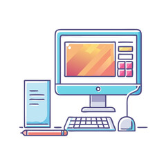 Stylized cartoon desktop computer setup with monitor, keyboard, mouse and note paper