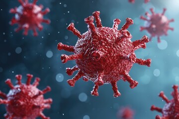 3D Rendering of Red Virus Cells in Microscopic Viewpoint Visualization