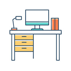 Whimsical Illustration of a Desk with Computer, Lamp, and Books