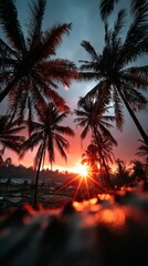 Tropical jungle in Bali blending with a vibrant sunset sky showcasing vivid colors